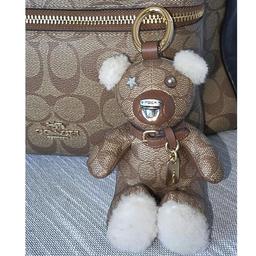Collectible Mini Bear Bag Charm Signature Coated Canvas Keychain Gold Hardware